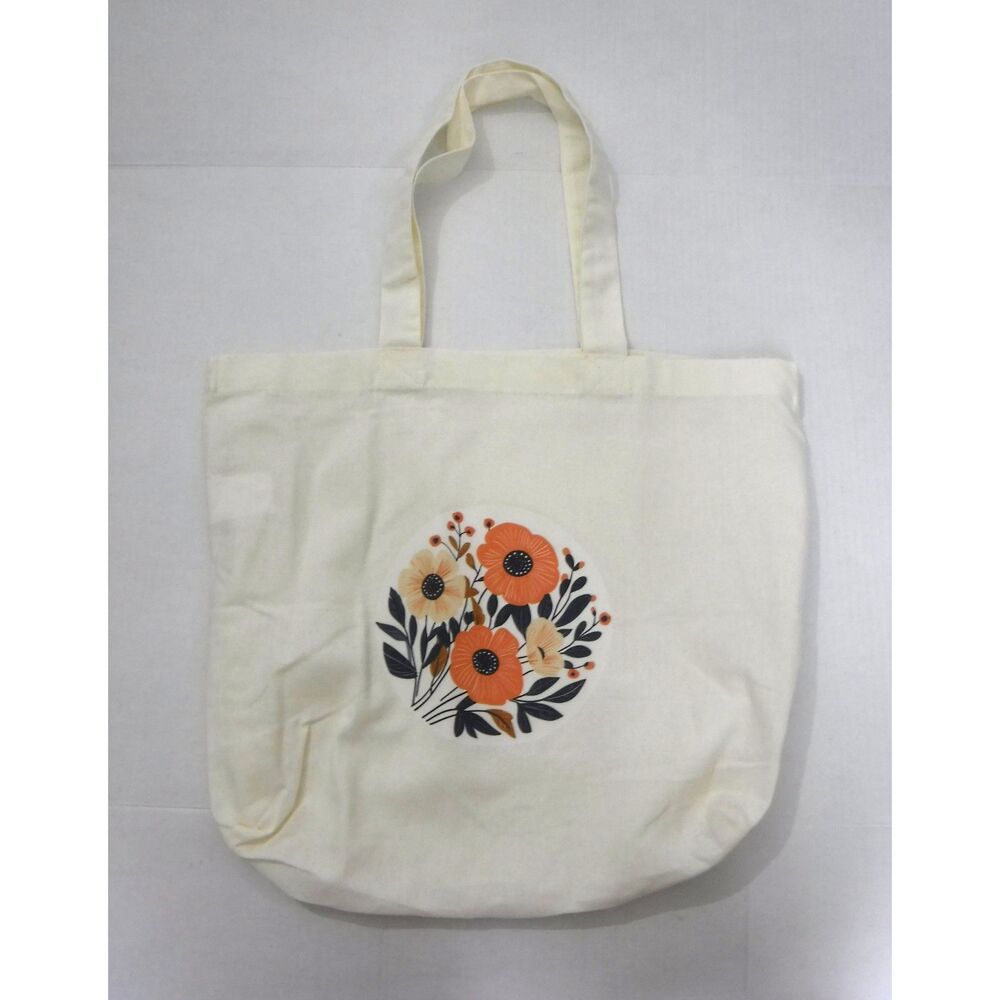 Reusable Ivory Cotton Tote Bag w/ Flowers